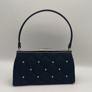 Nine‎ West Black Quilted Clutch Evening Handbag Rhinestone Studded Kiss Lock